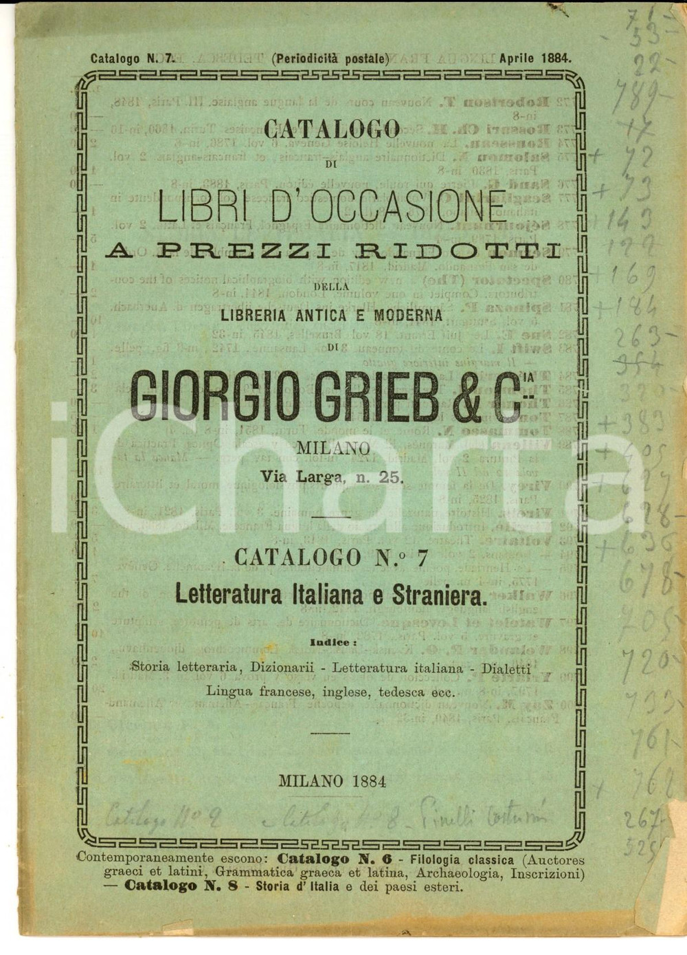 Libro, pubblicazione d epoca 1884 MILANO Catalogo libreria Giorgio GRIEB Letteratura italiana nÂ° 7 1
