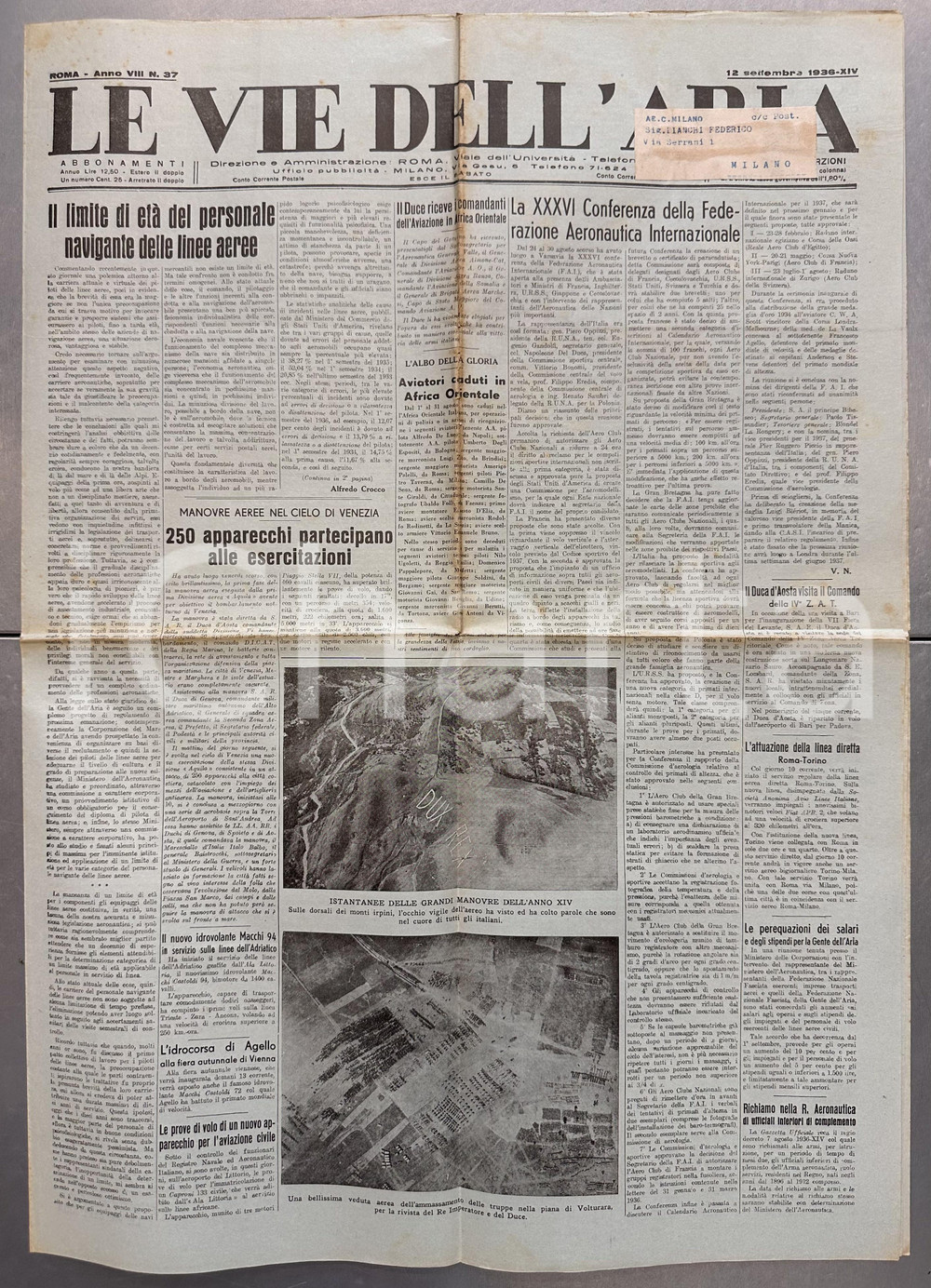 Giornale, rivista storica 1936 LE VIE DELL'ARIA Manovre aeree Divisione AQUILA nel cielo di VENEZIA 1