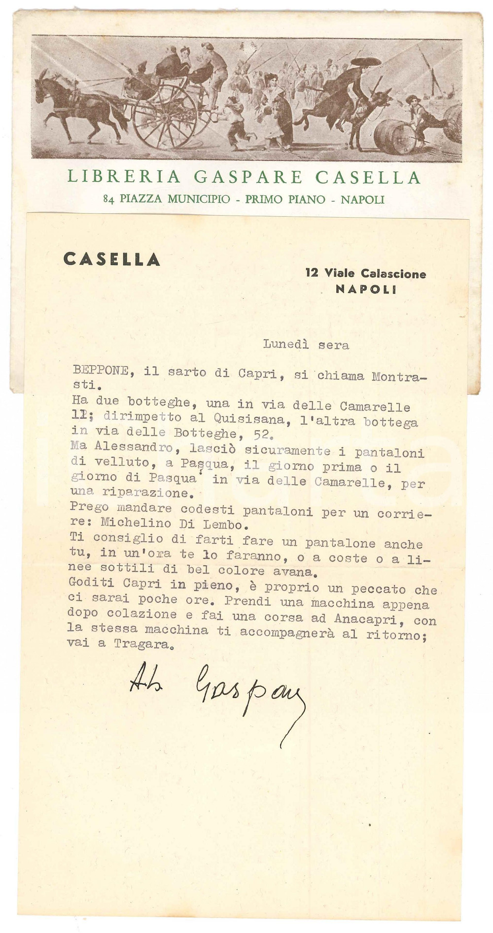1961 NAPOLI Libraio Gaspare CASELLA - Lettera a un amico *Autografo