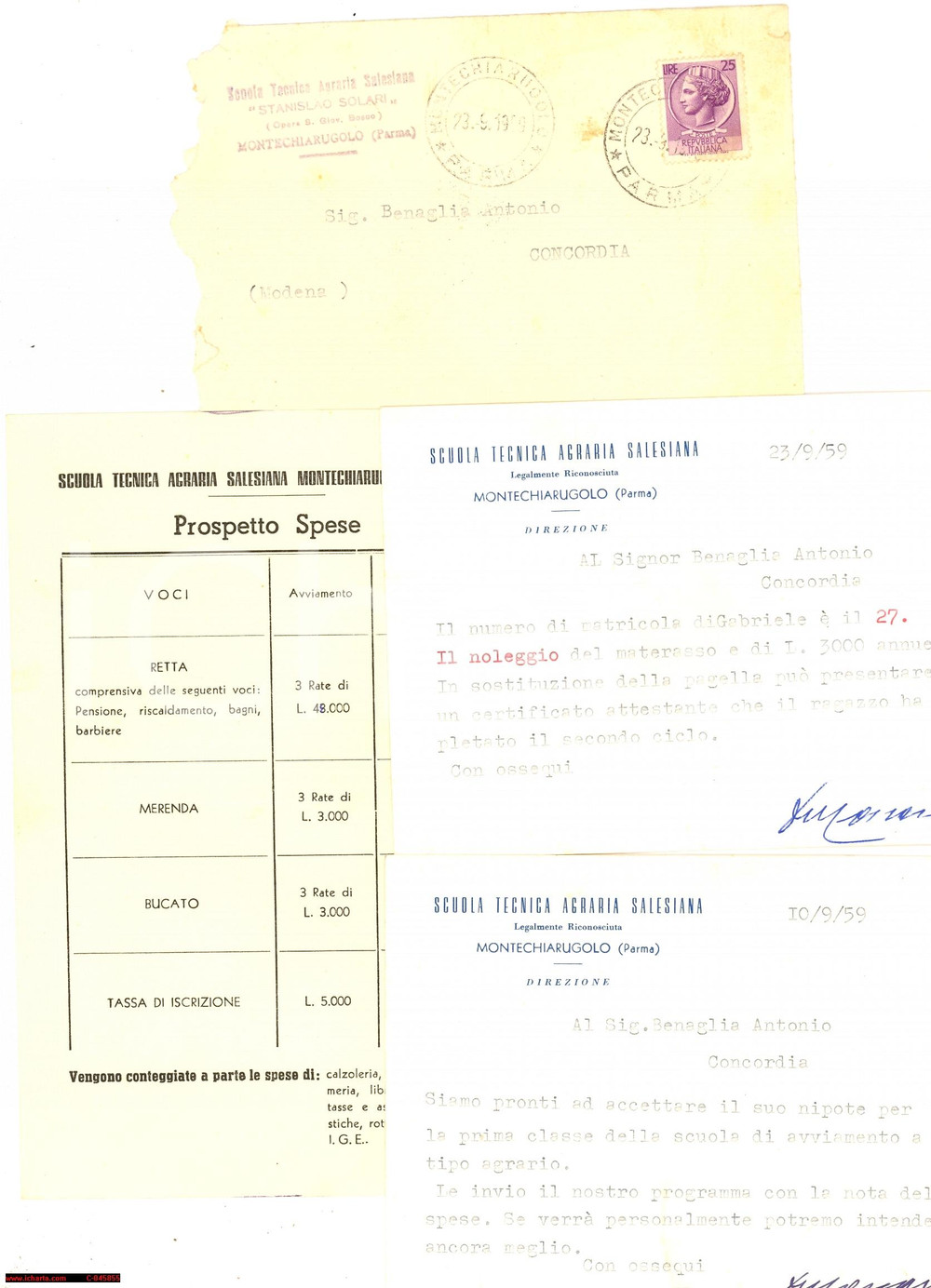 Manoscritto, lettera originale 1959 MONTECHIARUGOLO (PR) Scuola Agraria Salesiana 1