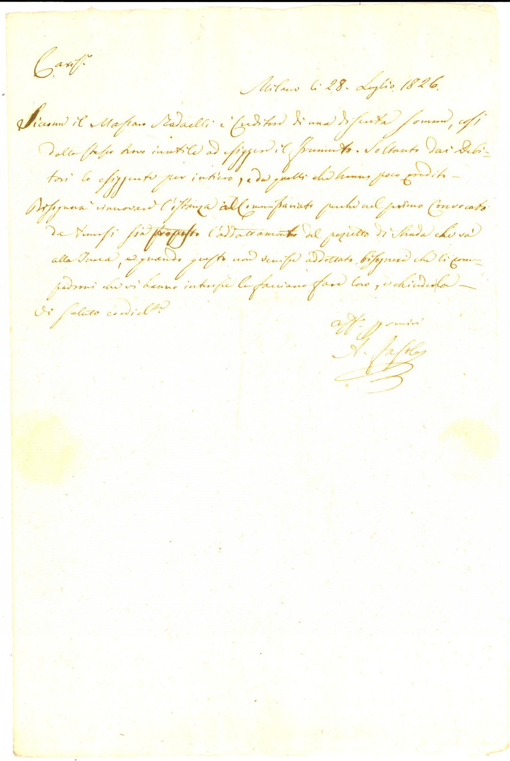 Documento originale, autentico 1826 MILANO Massaro RADAELLI creditore di una discreta somma *Lettera 1