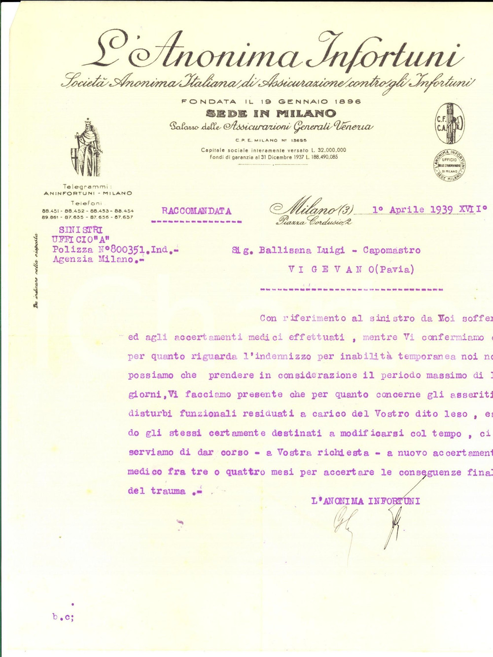 Manoscritto, lettera originale 1939 MILANO ANONIMA INFORTUNI Assicurazioni  Capomastro Luigi BALLISANA 1