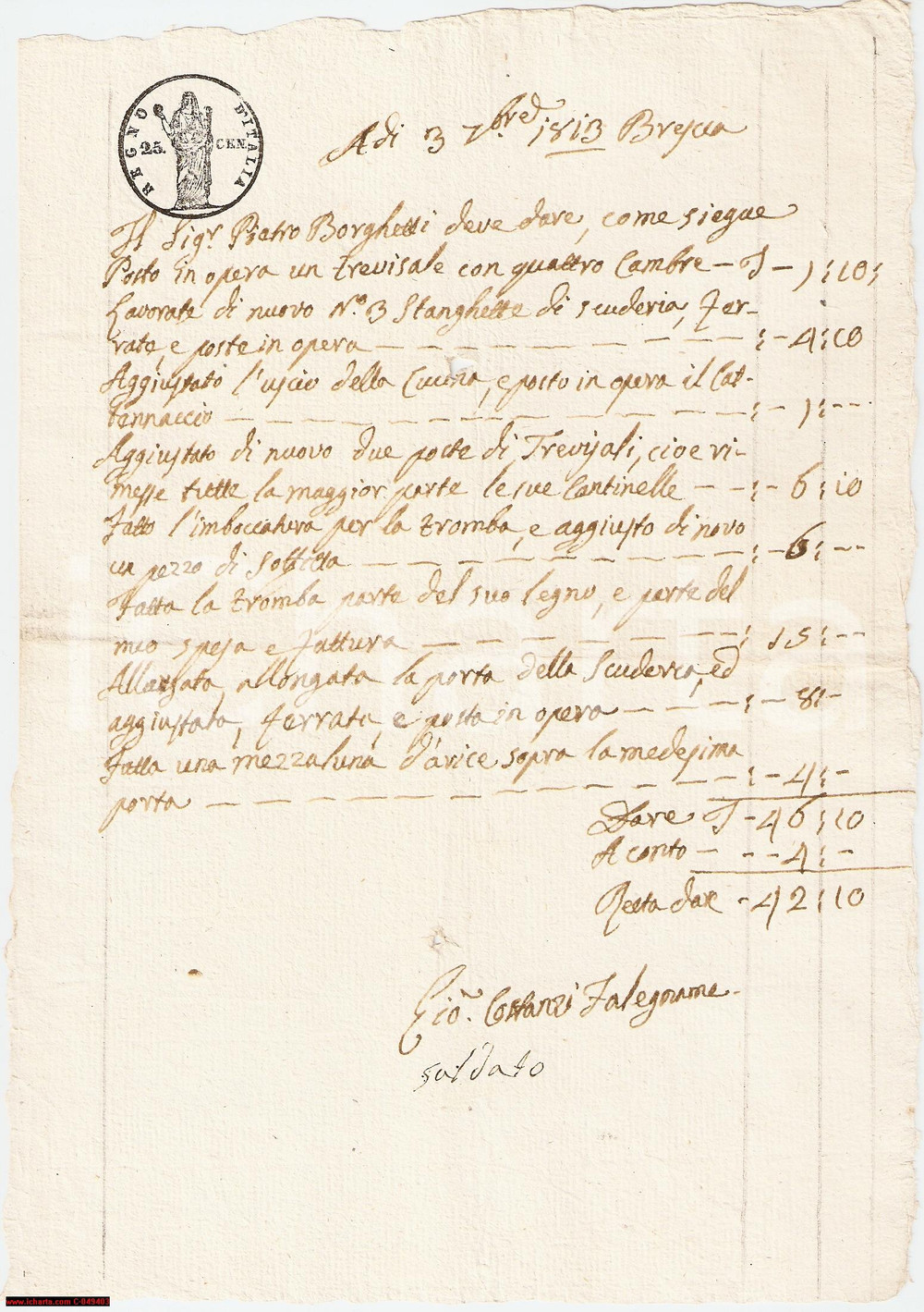 Documento originale, autentico 1813 BRESCIA Conto falegname per la manutenzione 1