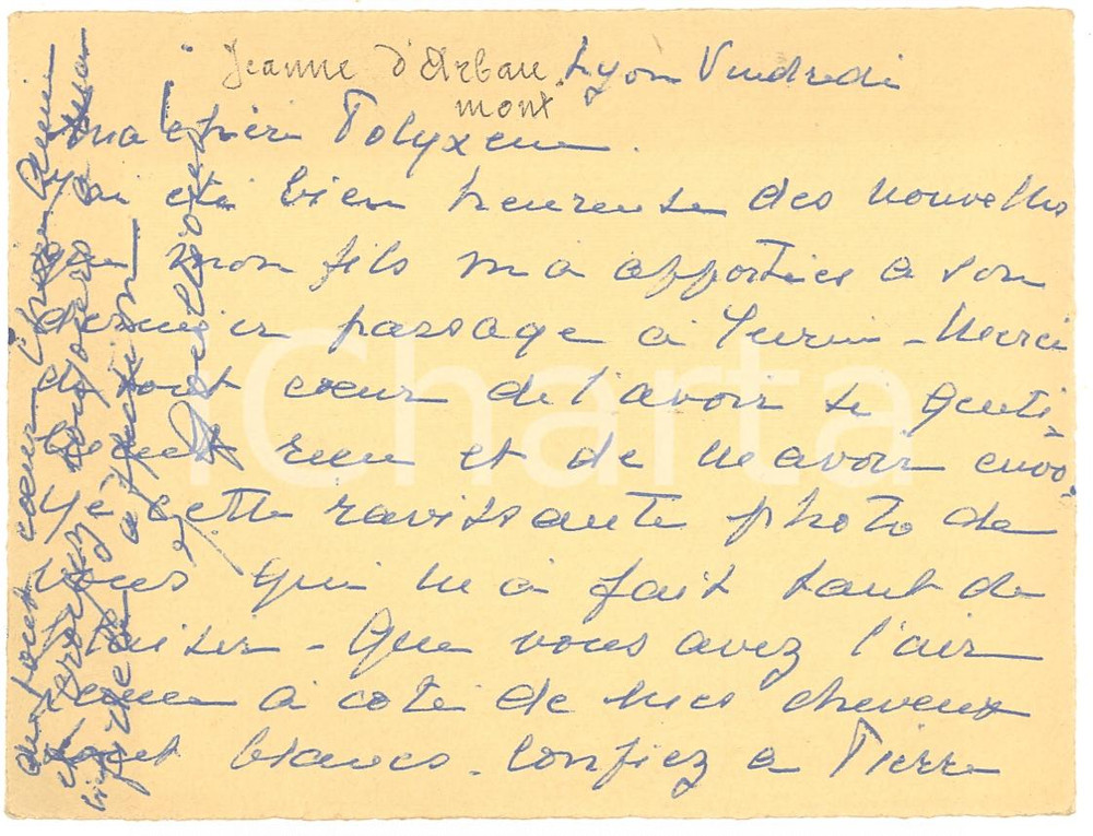 Manoscritto, lettera originale 1923 LYON F Lettre Jeanne D ARBAUMONT Autographe 1