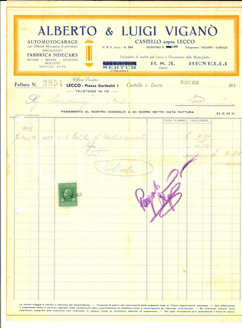Documento originale, autentico 1933 CASTELLO SOPRA LECCO Garage Alberto e Luigi VIGANO  Fattura intestata 1