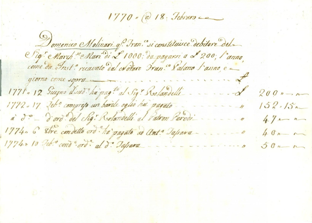 Documento originale, autentico 1770 GENOVA Domenico MOLINARI debitore del marchese DE MARI Documento 1