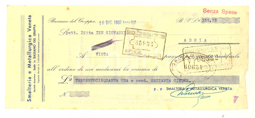 Documento originale, autentico 1937 BASSANO DEL GRAPPA Smalteria e Metallurgica Veneta Cambiale pubblicitaria 1