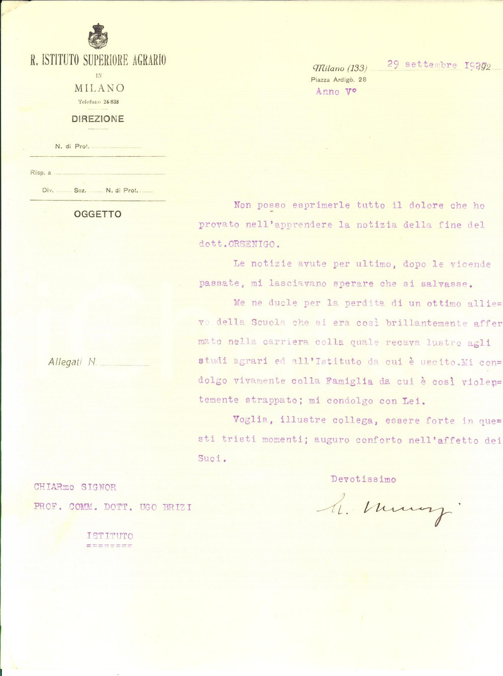 1922 MILANO Regio Istituto Superiore Agrario - Lettera Angelo MENOZZI *AUTOGRAFO