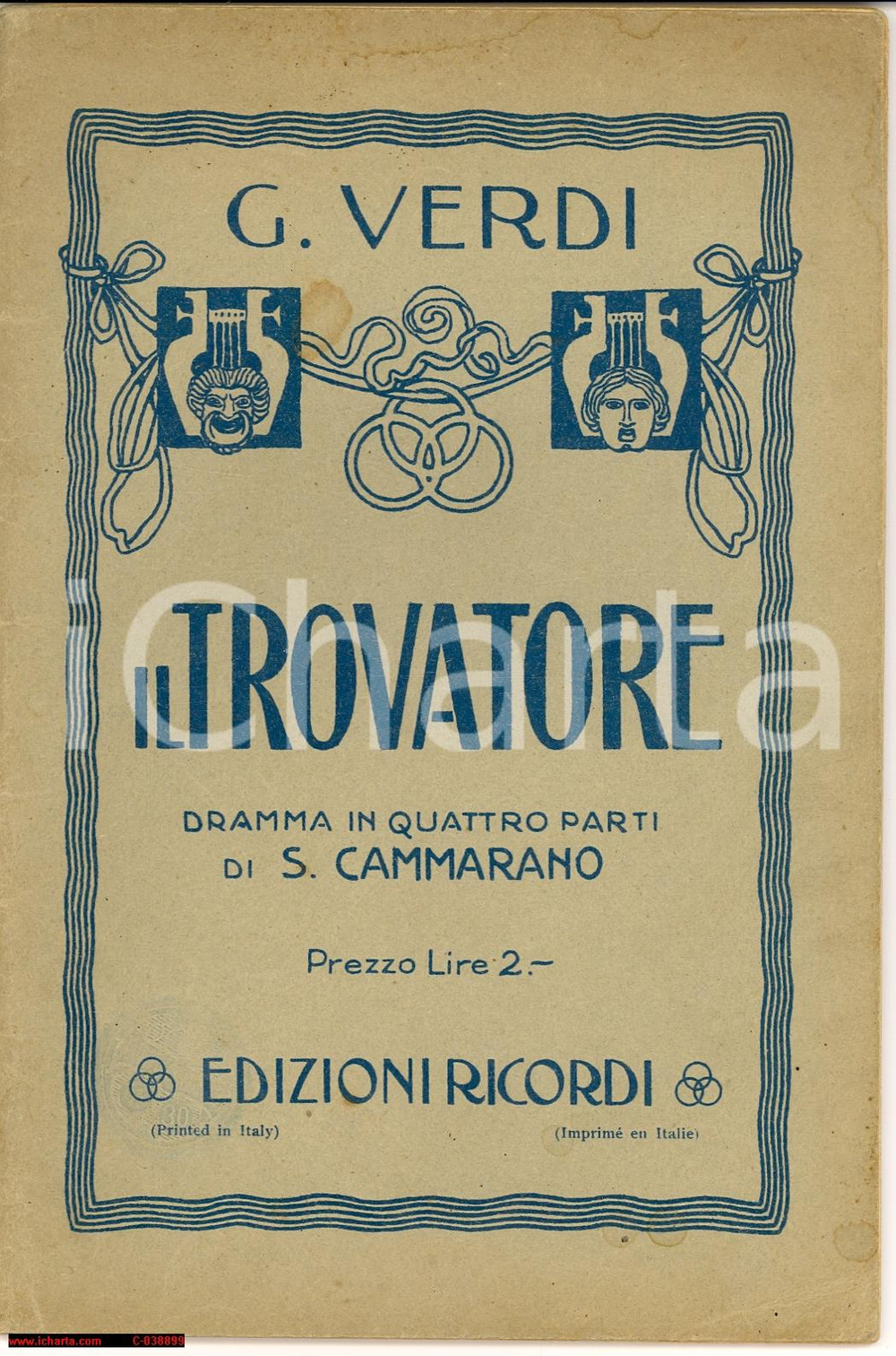 Oggetto da collezione cartaceo 1920 ca Giuseppe VERDI Il Trovatore Salvadore CAMMARANO Edizioni RICORDI 1
