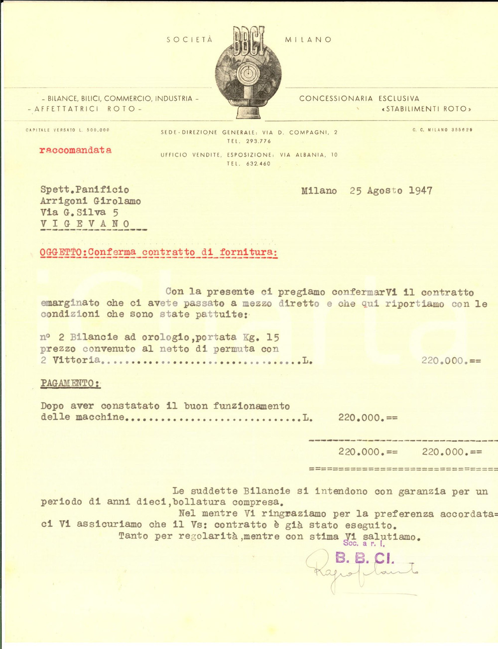 Documento originale, autentico 1947 MILANO SocietÃ  BBCI Bilance bilici commercio industria *Lettera fornitura 1