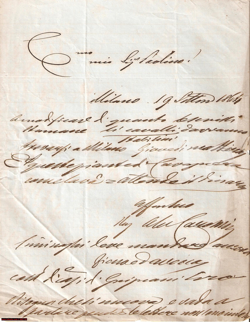 Manoscritto, lettera originale 1864 TORRE D ARESE PV Fornitura di cavalli per nobili VISCONTI LITTA 1