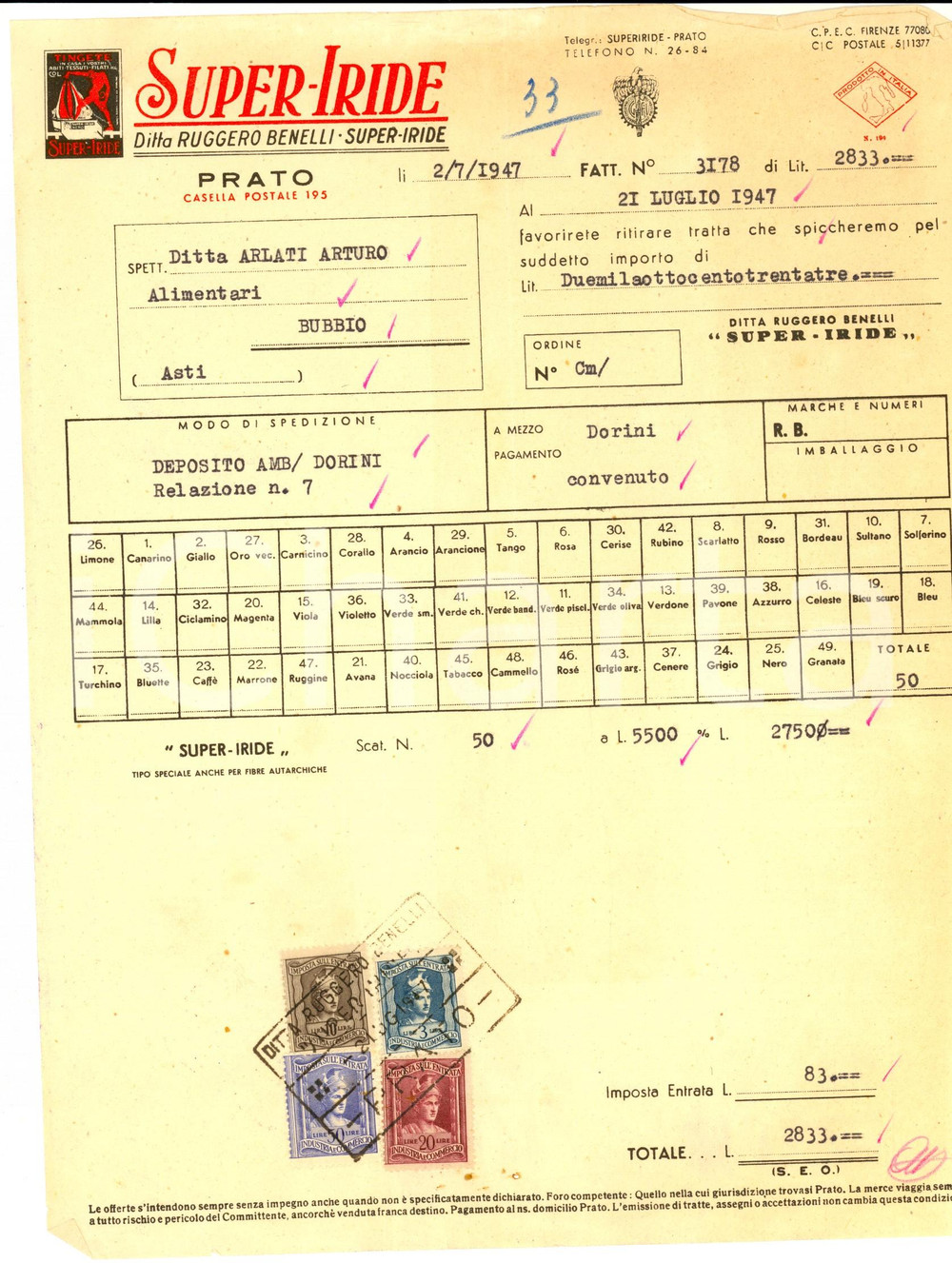 Documento originale, autentico 1947 PRATO Ditta Ruggero BENELLI SUPERIRIDE Fattura intestata 1