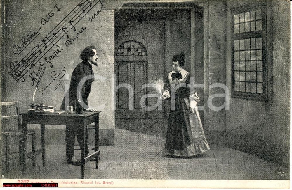 Cartolina originale da collezione 1900 La Boheme, foto di scena atto I, spartito Puccini 1