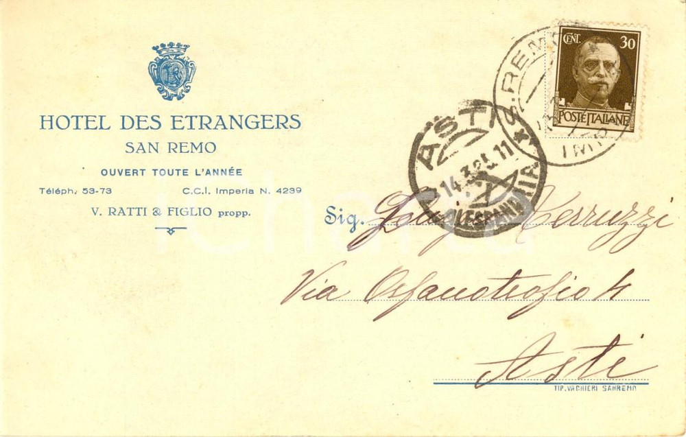 Cartolina originale da collezione 1935 SANREMO (IM) Hotel DES ETRANGERS di RATTI & Figlio *Cartolina INTESTATA VG 1