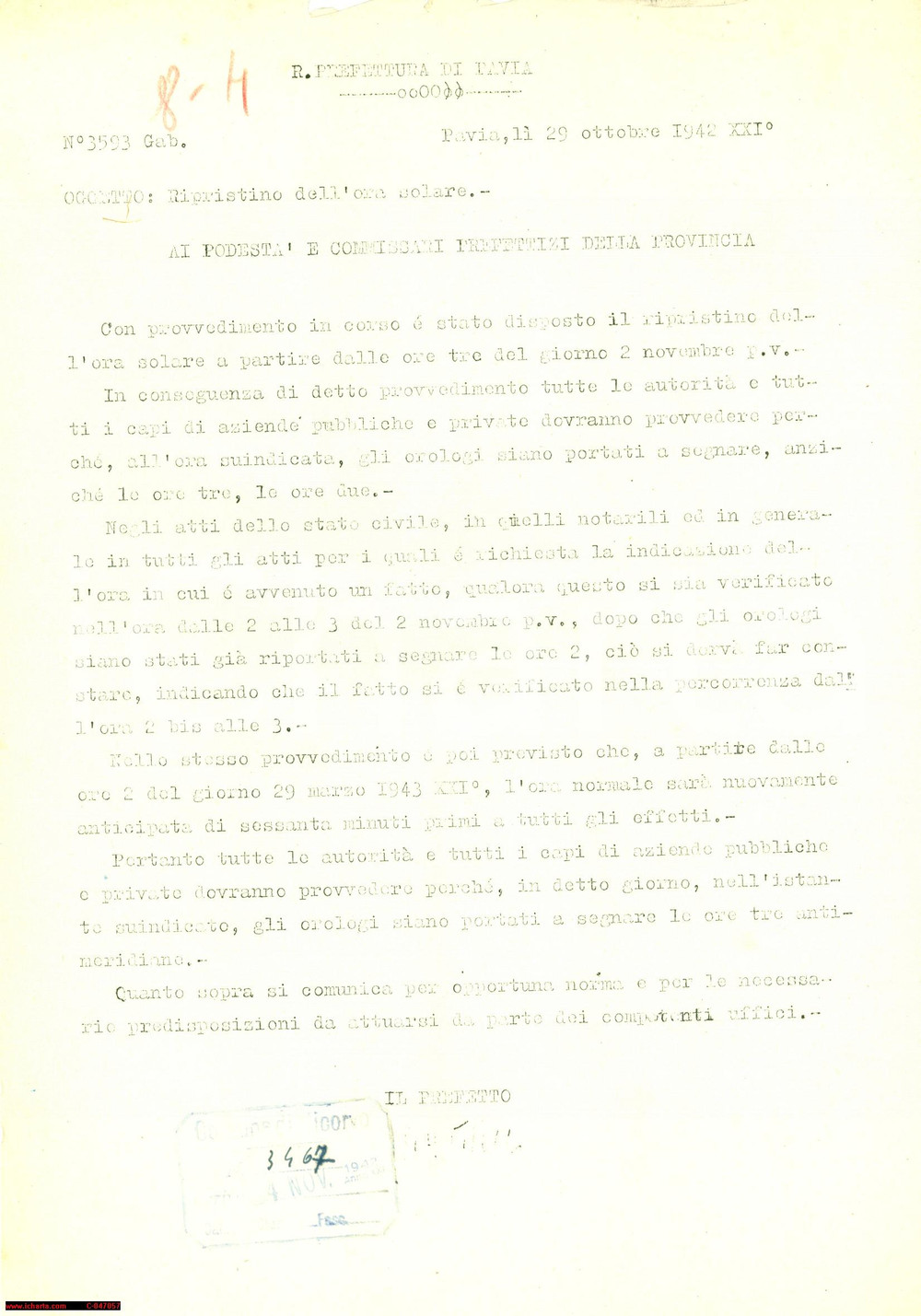 Documento originale, autentico 1942 PAVIA Ordine di ripristino dell'ora solare 1