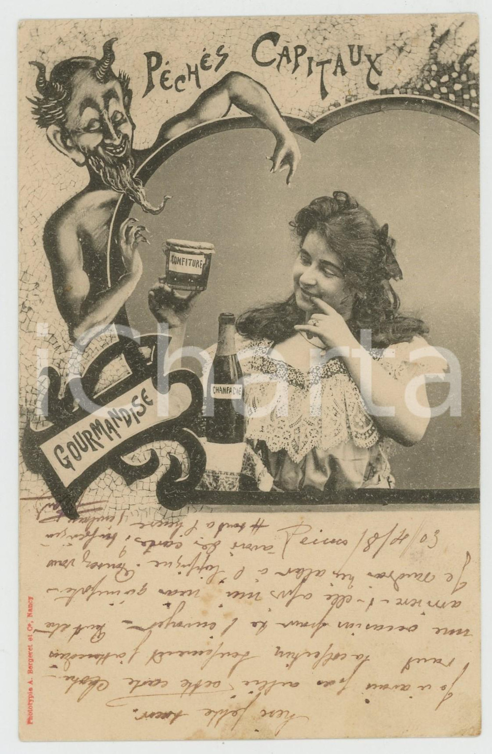 1903 FRANCE - Péchés Capitaux - Gourmandise - Postcard CPA A. Bergeret Cartolina postale originale d'epoca, viaggiata.EDITORE: A. Bergeret - Nancy GOOD/buono  Formato: 9x14 cm originale e autentica 1
