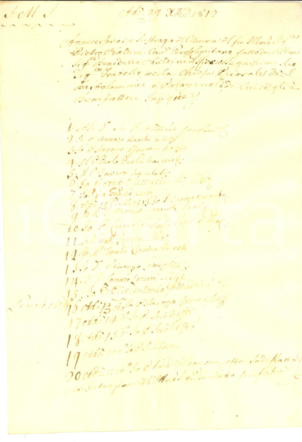 Documento originale, autentico 1812 PALAZZUOLO FI Anniversario in suffragio del cav. Pietro NALDINI Firme 1