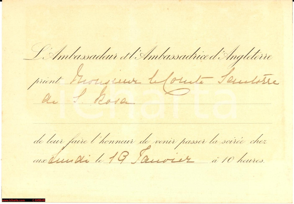 Oggetto da collezione cartaceo 1909 ROMA Invito per serata Ambasciatore d Inghilterra 1
