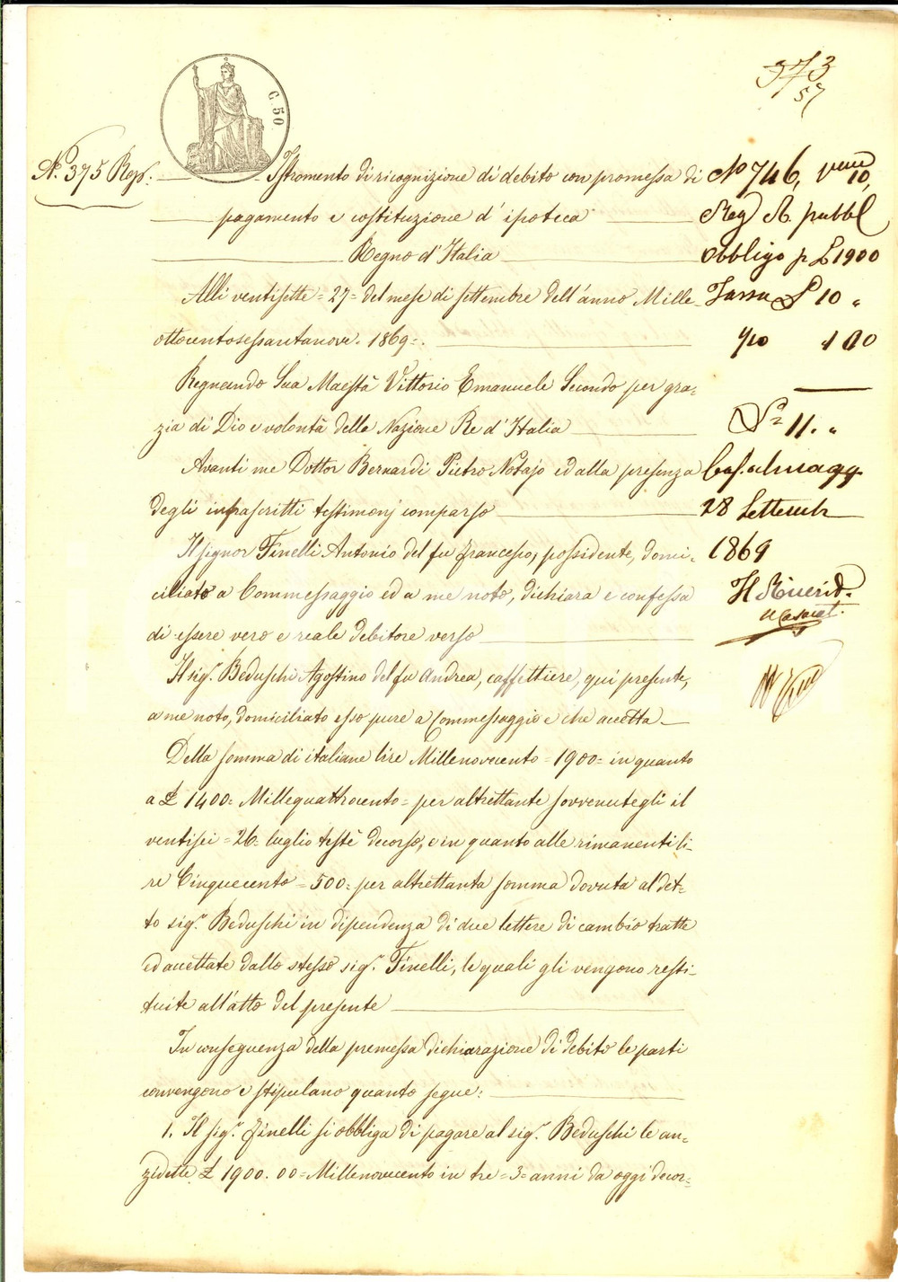Documento originale, autentico 1869 COMMESSAGGIO Obbligo di Antonio FINELLI verso Agostino BEDUSCHI Manoscritto 1