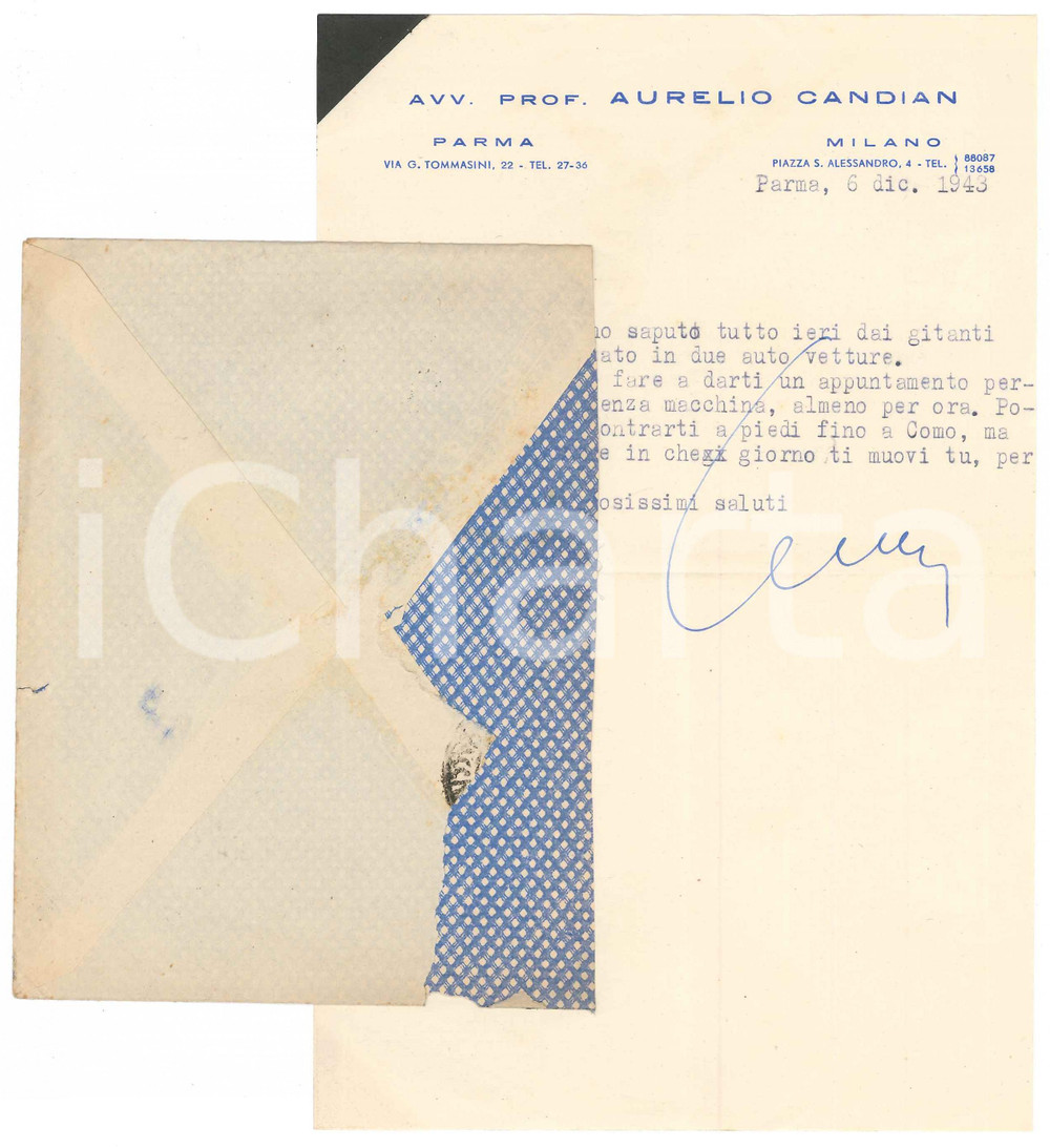 Autografo originale 1943 MILANO Lettera Aurelio CANDIAN  Appuntamento con un amico  Autografo 1