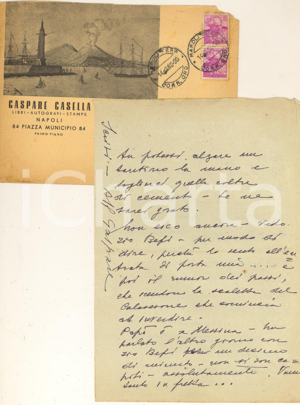 Autografo originale 1962 NAPOLI Libraio Gaspare CASELLA sull opera di Enrico Falqui Autografo 1