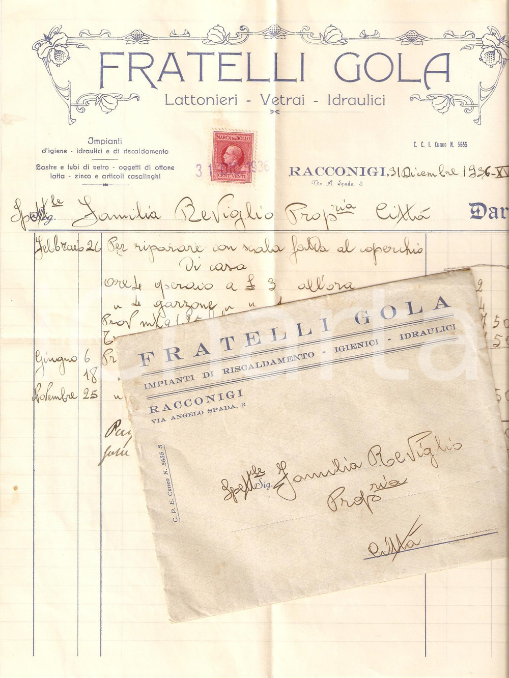 Documento originale, autentico 1936 RACCONIGI CN Fratelli GOLA Lattonieri vetrai idraulici Fattura 1