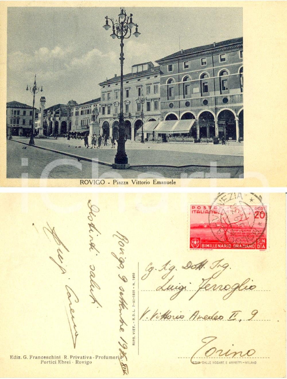 Autografo originale 1936 ROVIGO Piazza Vittorio Emanuele Luigi CARENA al prof. Luigi FERROGLIO 1