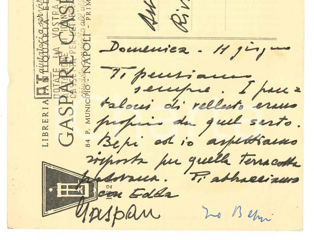 Autografo originale 1961 NAPOLI Cartolina Gaspare CASELLA per terracotta padovana  Autografo 1