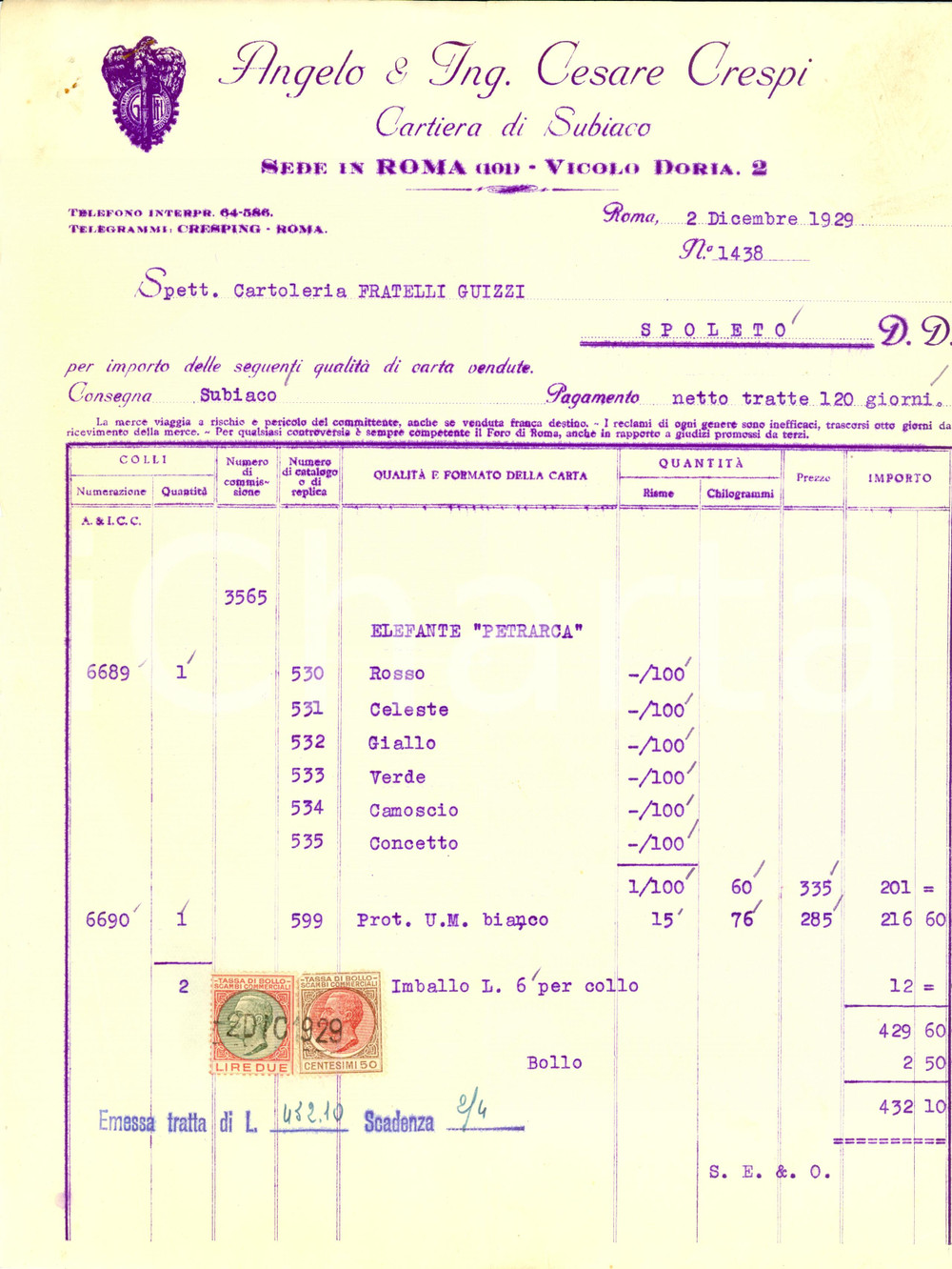 Documento originale, autentico 1929 ROMA Ditta Angelo & Cesare CRESPI Cartiera SUBIACO Fattura commerciale 1