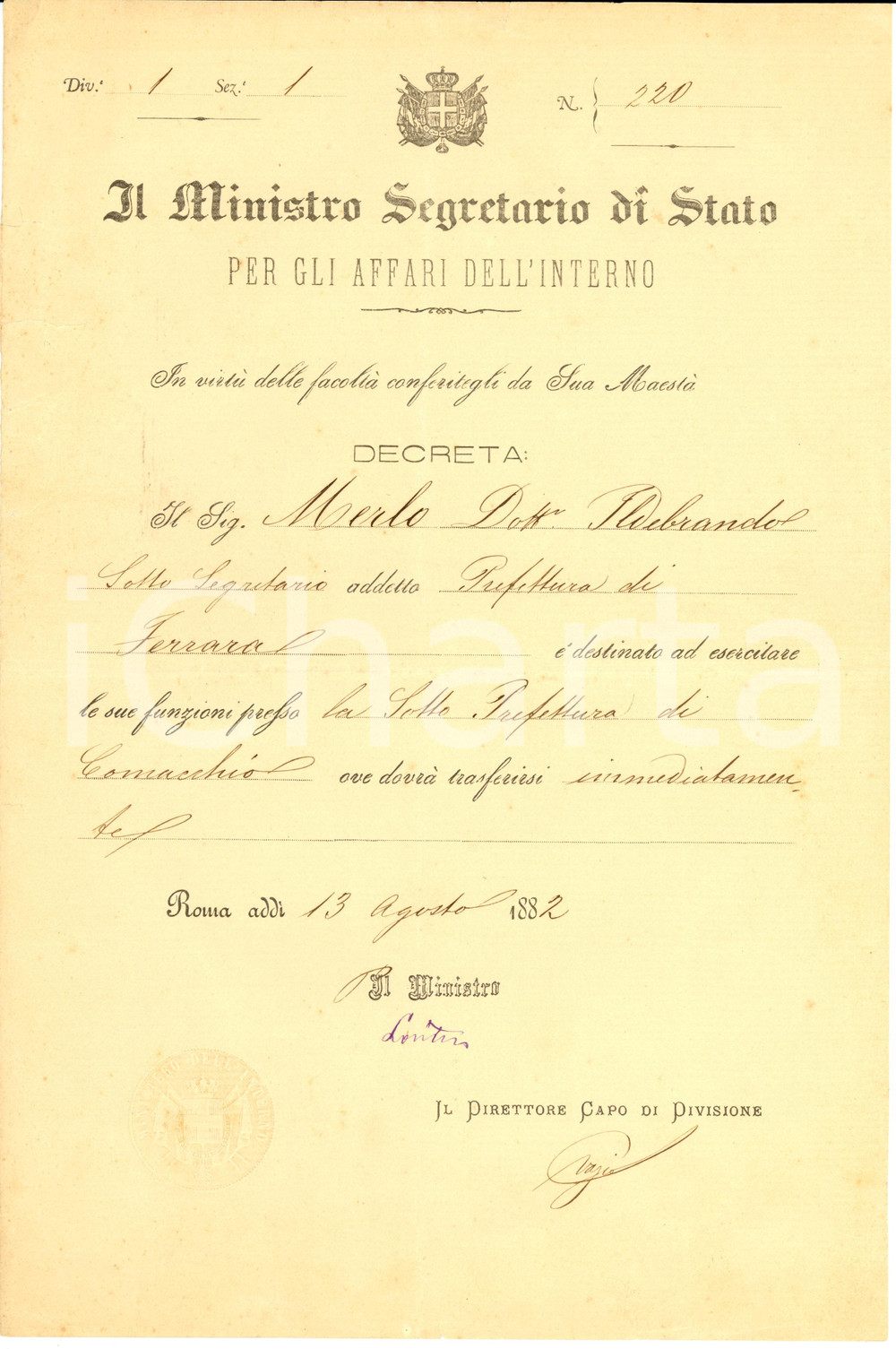 Documento originale, autentico 1882 COMACCHIO (FE) Ildebrando MERLO nominato sotto-prefetto *Decreto 1