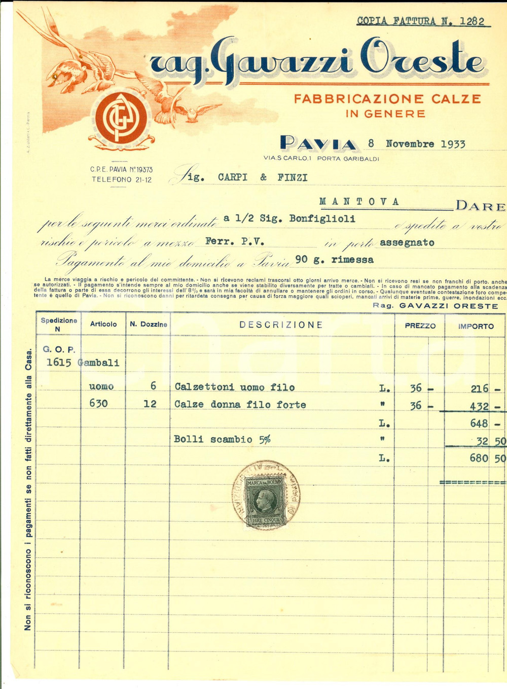 Documento originale, autentico 1933 PAVIA Ditta rag. GAVAZZI Oreste  Fabbricazione calze Fattura intestata 1