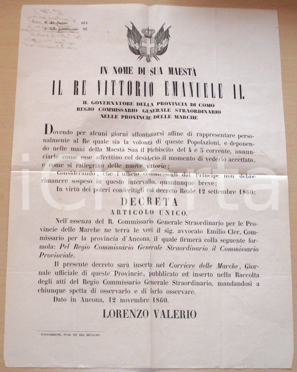 Documento originale, autentico 1860 ANCONA Annessione MARCHE a Regno Italia MANIFESTO 1
