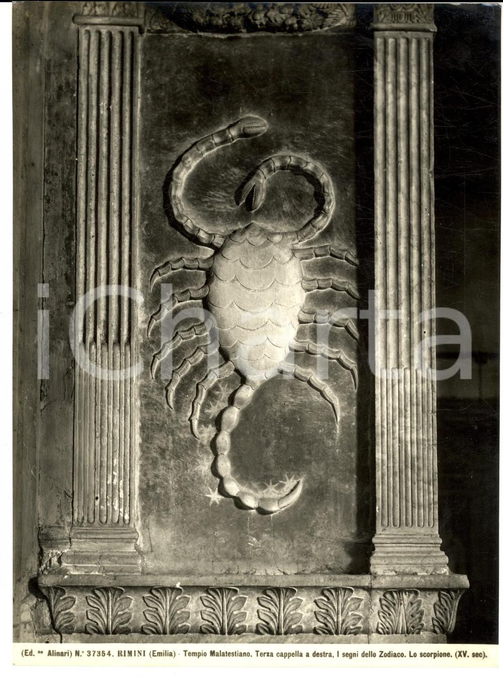 Fotografia d epoca originale 1930 ca RIMINI Tempio MALATESTIANO Segni dello Zodiaco  Scorpione Foto ALINARI 1