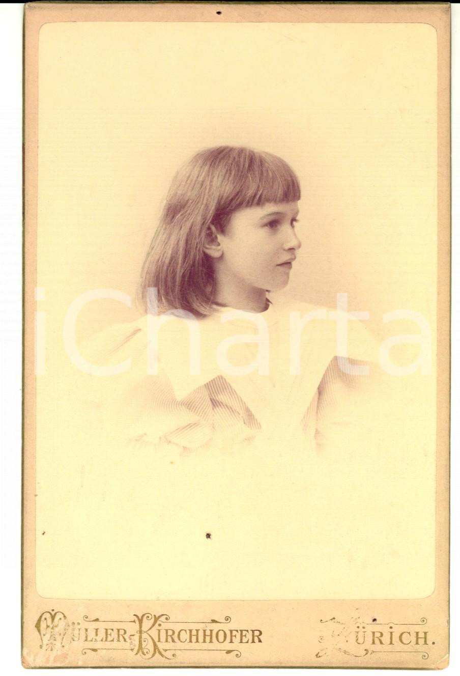 Fotografia d epoca originale 1890 ca ZURICH CH Ritratto di bambina conn abito a righe MUELLER & KIRCHOFER 1