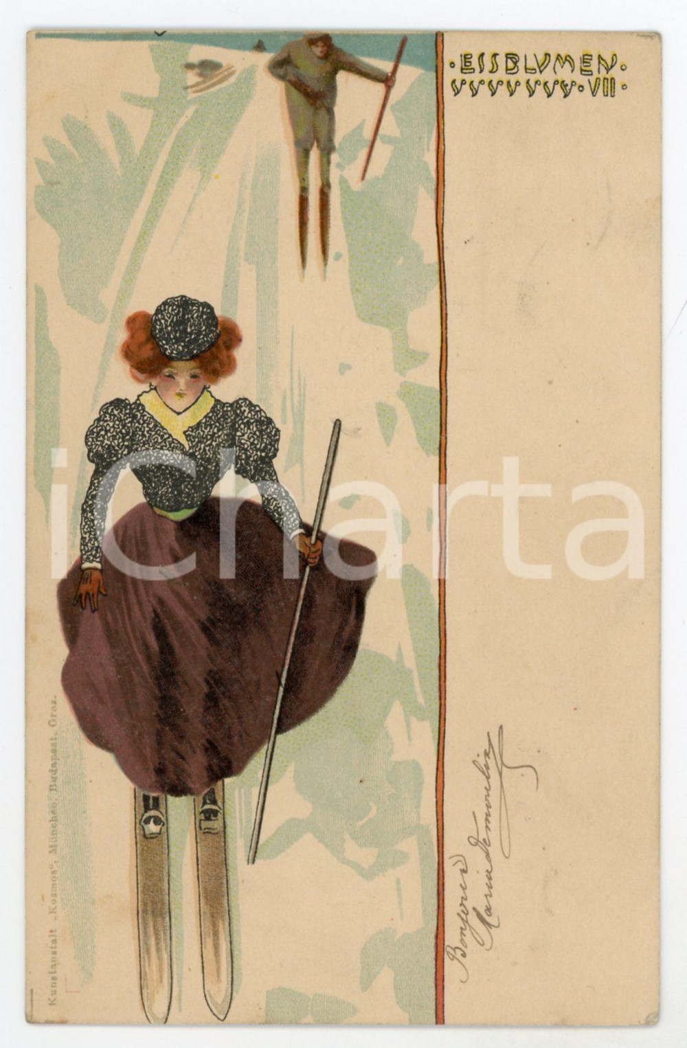 1901 ART NOUVEAU Raphael KIRCHNER - Essblumen - VII - Skiing *Postcard  Cartolina postale d'epoca, opera dell'artista e illustratore Raphael Kirchner, viaggiata.CONDIZIONI: GFORMATO: FP    originale e autentica 1