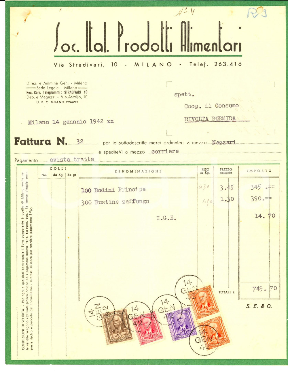 Documento originale, autentico 1942 MILANO SocietÃ  Italiana Prodotti Alimentari Fattura intestata per budini 1