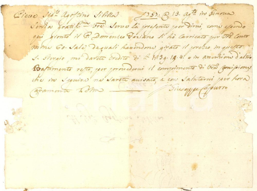 Manoscritto, lettera originale 1757 GENOVA Giuseppe CAPURSO ordina sale per Agostino SIBILLA Lettera 1