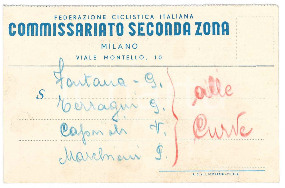 Cartolina originale da collezione 1940 ca MILANO CICLISMO Commissariato seconda zona  Cartolina per giurati 1