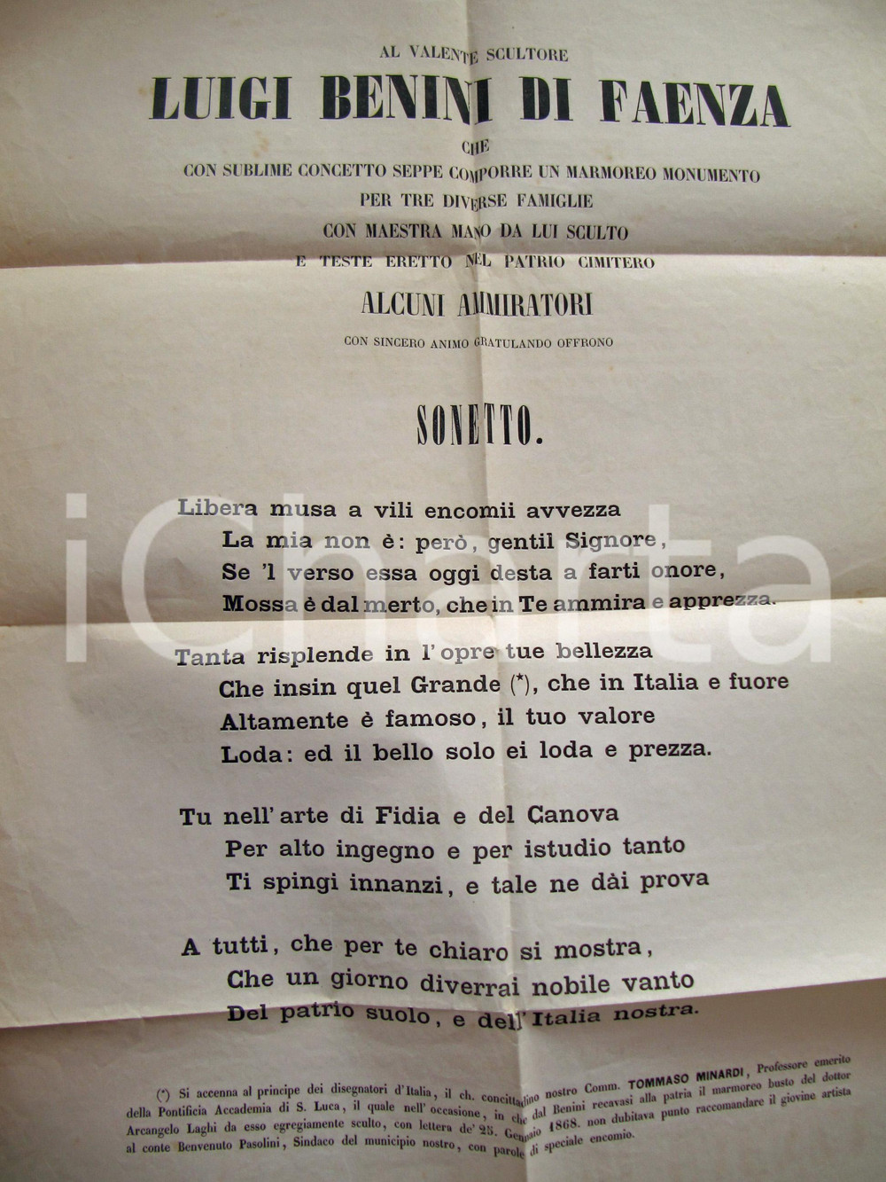 Documento originale, autentico 1870 FAENZA Sonetto in onore dello scultore Luigi BENINI Manifesto 40 x 60 1