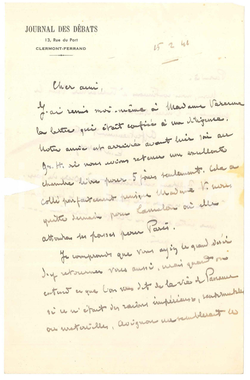 Autografo originale 1941 CLERMONTFERRAND Etienne BANDY DE NALECHE ospita Mme Varenne Autografo 1