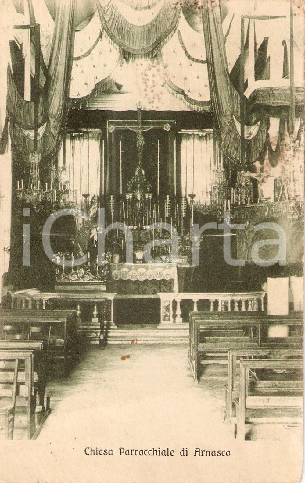 Cartolina originale da collezione 1920 ca ARNASCO (SV) Chiesa Parrocchiale Annunziata *GRAVEMENTE DANNEGGIATA 1