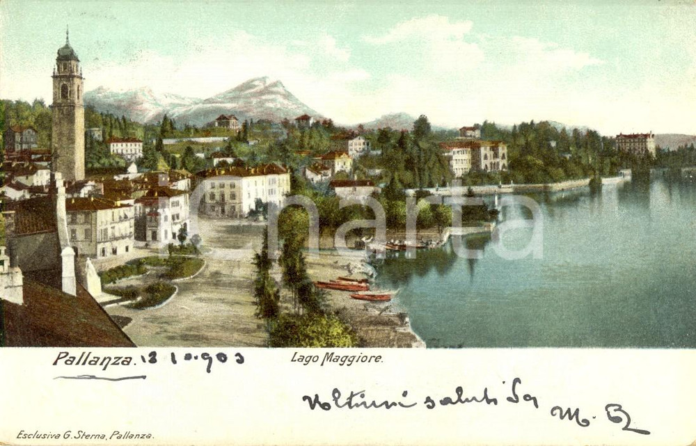 Cartolina originale da collezione 1903 VERBANIA PALLANZA Lago MAGGIORE Lungolago con barche in secca *ANIMATA VG 1