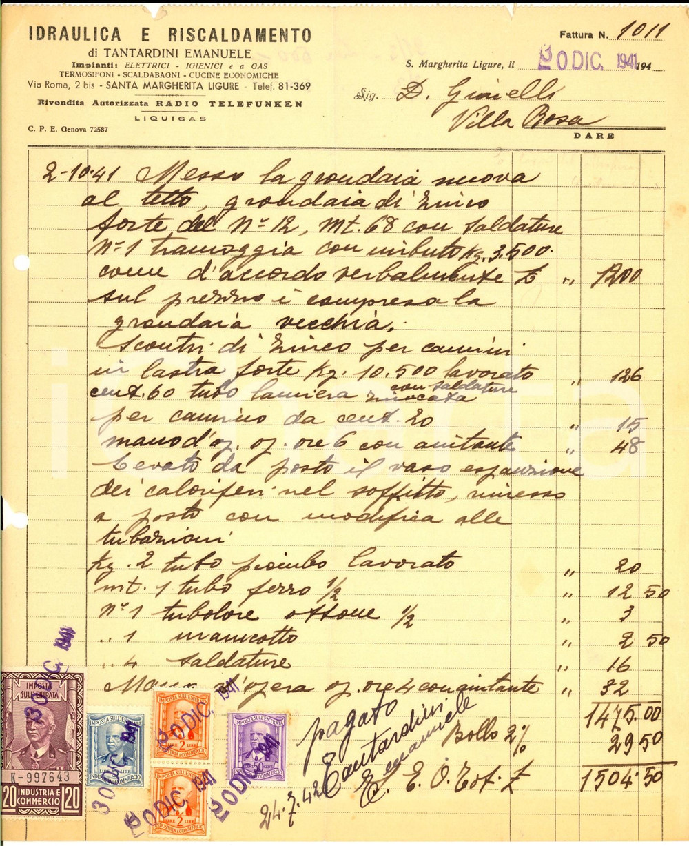 Documento originale, autentico 1941 SANTA MARGHERITA LIGURE Idraulica Emanuele TANTARDINI Fattura intestata 1
