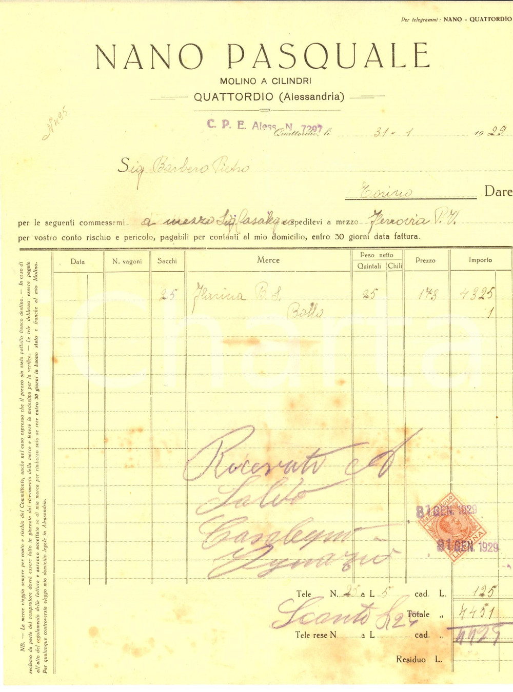 Documento originale, autentico 1929 QUATTORDIO AL Molino a clilindri Pasquale NANO Fattura per farina 1