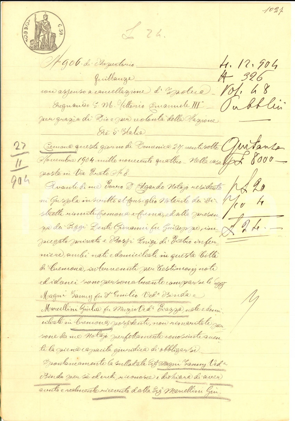 Documento originale, autentico 1904 CREMONA Quietanza vedova Fanny MAGNI a Giulia MARCELLINI Manoscritto 1