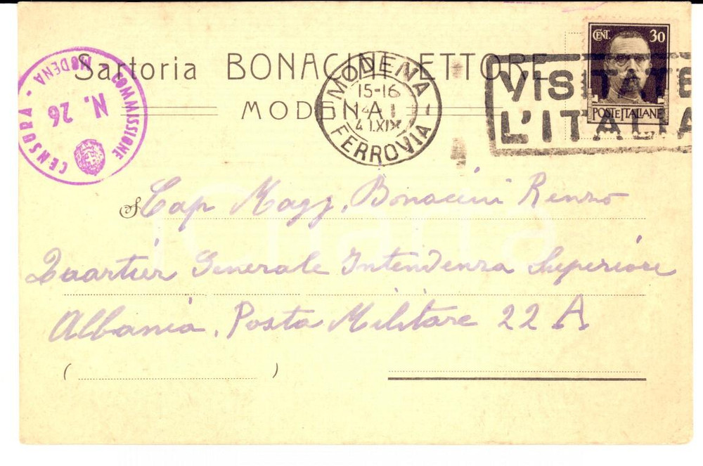 Cartolina originale da collezione 1941 MODENA Sartoria Ettore BONACINI al figlio militare in Albania *Cartolina FP 1