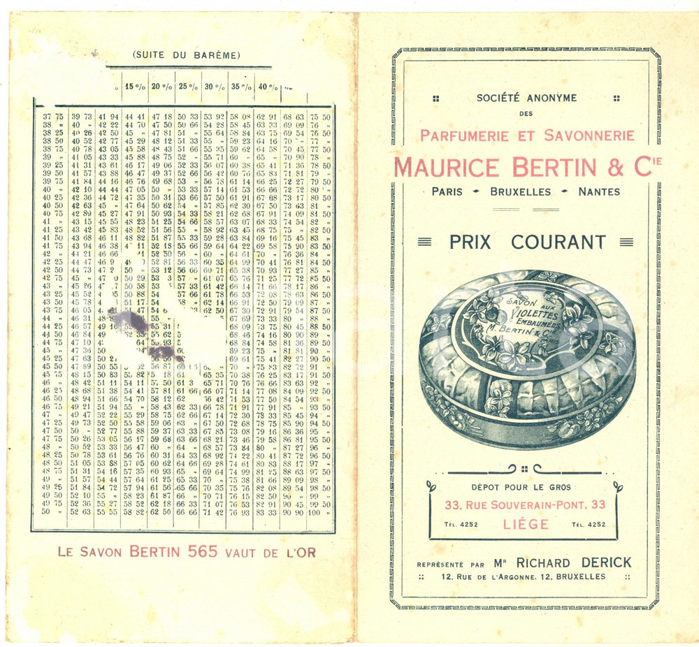 1900 ca Maurice BERTIN & Cie Parfumerie et Savonnerie - Tarif des articles  Listino pubblicitario d'epoca, su cartoncino; 6 facciate.CONDIZIONI: POOR (lievi macchie, abrasioni evidenti e diffuse)FORMATO: 11x20 cm (chiuso)    originale e autentica 1