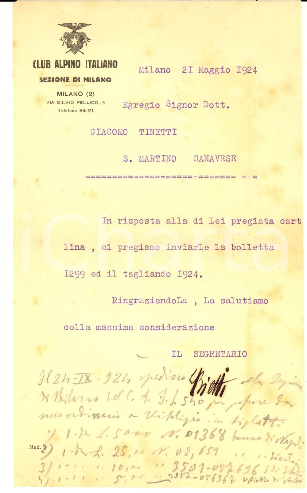 Autografo originale 1924 CLUB ALPINO ITALIANO MILANO Lettera con autografo Luigi BIETTI 1
