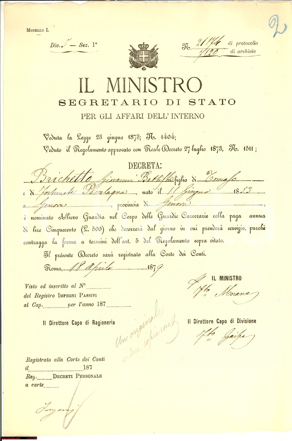 Documento originale, autentico 1879 GENOVA Nomina BRICHETTO allievo guardia carceraria 1