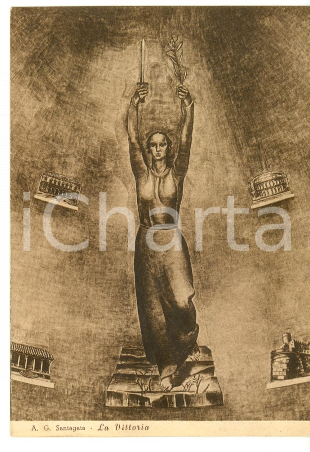 Cartolina originale da collezione 1940 ca WW2 La Vittoria Ill. Antonio Giuseppe SANTAGATA FG NV 1